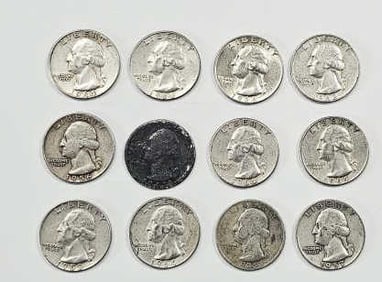 Twelve 90% Silver Quarters Assorted Dates 1935 1 1943 1 1956 1 1957 1 1958 1 1963 1 1964 6