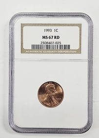 1993 1C MS 67 RD One Cent Coin 1993 1C MS 67 RD Penny