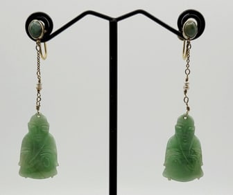 Vintage 14K Gold Carved Buddah Jadeite Earrings Earrings Weigh 7.2 Grams
