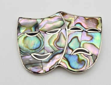 Vintage Alpaca Silver Tone Abalone Mask Brooch Brooch Weighs 6.3 Grams