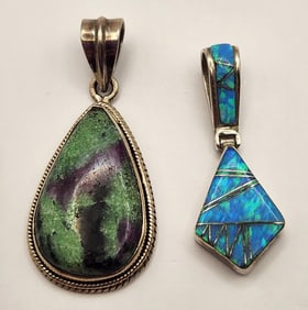 Sterling Ruby Zoisite & Lab Opal Sandstone Pendants