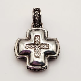 Scott Kay Maltese Cross Sterling Silver Basket Weave Diamond Accent Pendant Weighs 11.2 grams.