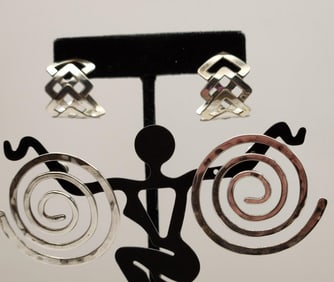 Signed 925 Sterling Spiral & Overlapping Square Earrings