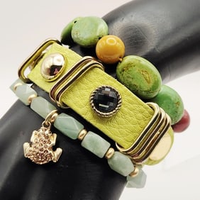 Chico's Frog Charm Stretch King Star Leather Multi-Bead & Multi-Colored Stone Stretch