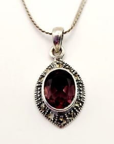 925 Sterling Marcasite & Amethyst Pendant Necklace Necklace is