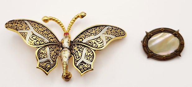 Antique Brass Mother-Of-Pearl & Gold Tone Damascene Butterfly Brooches
