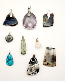 Assorted Gemstone Pendants Turquoise Opal Etc. Silver Tone Gold Filled Lot weighs 4.1 ounces.