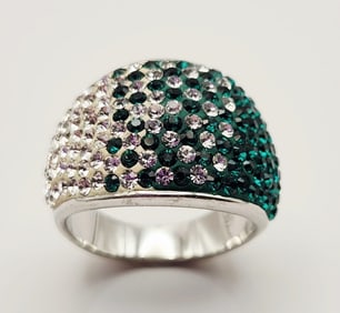 925 Sterling Green & Clear Rhinestones Statement Ring Size 6.75. Weighs 7.8 grams.