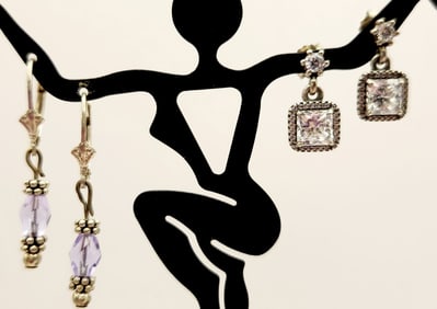 925 Sterling CZ Pandora & Amethyst Drop Earrings Lot weighs 5.7 grams.