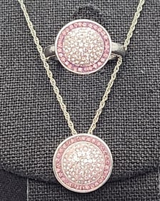 925 Sterling AU Pink Pave Crystals Ring & Pendant Necklace
