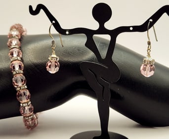 925 Sterling Pink Crystal Bracelet & Drop Earrings Bracelet is 7". Lot weighs 22.2 grams.