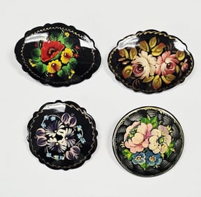 Collection of Russian Lacquer Floral Brooches Collection of Russian Lacquer Floral Brooches. Some