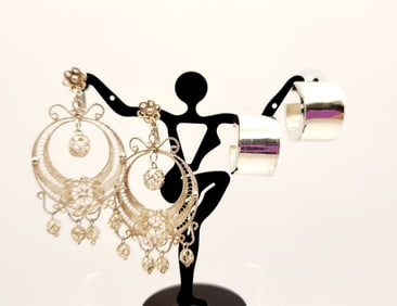 Sterling Filigree Dangle & 925 Sterling Hoop Earrings