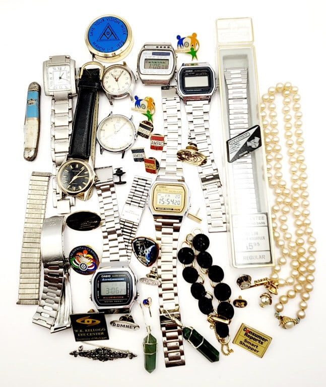 Assorted Watches Pins Necklace Bracelet Etc Lot weighs 1 pound 7 ounces. Contents not inspected. (1 of 9)