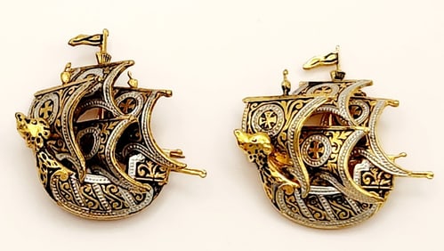 Vintage Damascene Spanish Galleon Ships Brooch Pins