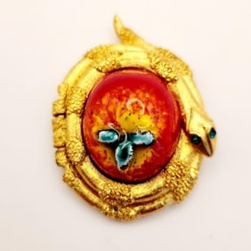 1970s Garden Of Eden Forbidden Fruit & Snake Solid Perfume Gold Tone Compact Pendant By Fuller