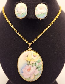Vintage Hand Painted Yellow & Pink Roses Pendant Necklace & Screw Back Earrings