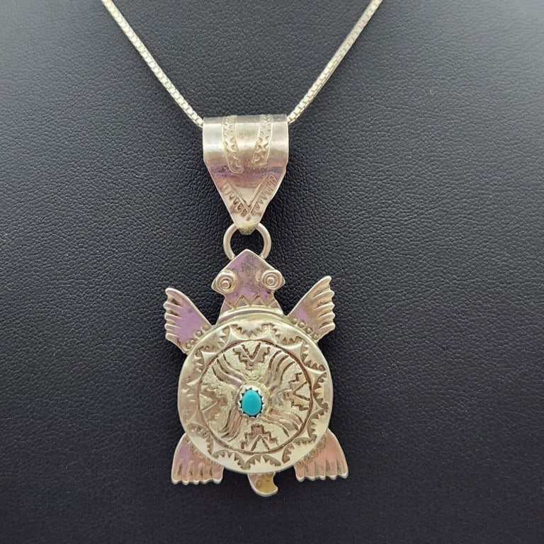 Alonzo Mariano Navajo Sterling Turtle Pendant Necklace Necklace is 16". Weighs 19.4 grams. (1 of 8)