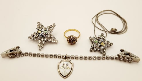 Order Of The Eastern Star Silver Tone Sweater Clip Pin Necklace & Rolled Gold Ring