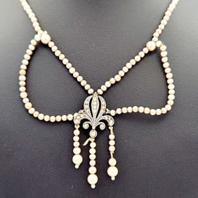 Antique Sterling Fleur-de-lis & Pearl Necklace Necklace is