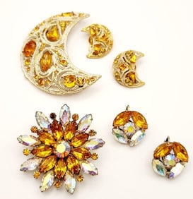La Roco Crescent Moon Brooch Pin & Earrings & Amber & Aurora Borealis Rhinestone Brooch Pin &