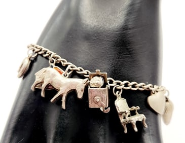 Vintage Silver Charm Bracelet Jack-In-The-Box Bear House Chair Horseshoe Acorn Heart