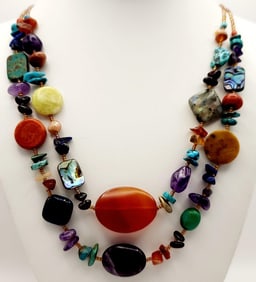 Vintage Multi-Colored Stones & Beads 2 Strand Necklace Necklace is 22". Weighs 2.6 ounces.