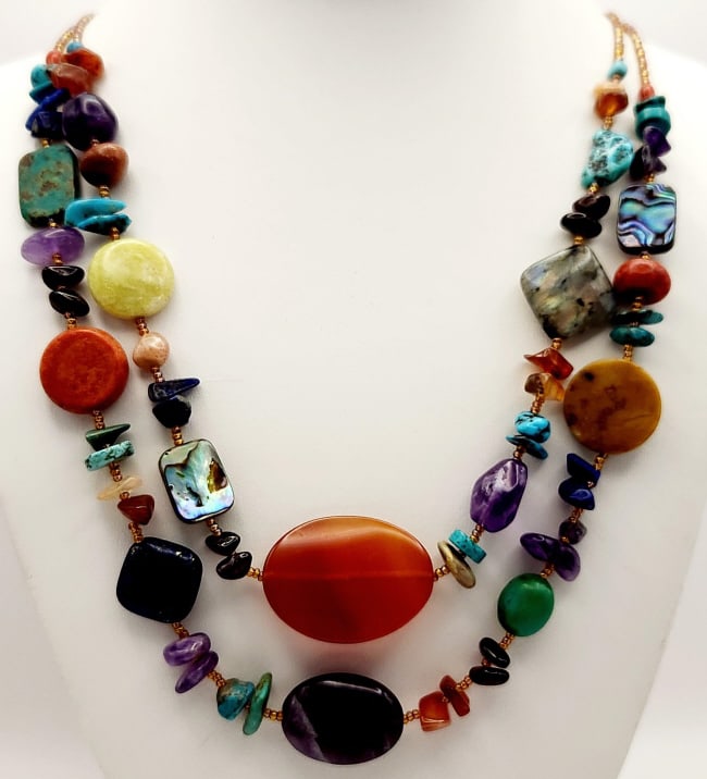 Vintage Multi-Colored Stones & Beads 2 Strand Necklace  Necklace is 22". Weighs 2.6 ounces. (1 of 9)
