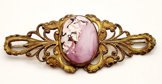 Antique 10K Yellow Gold Pink Stone Brooch Pin Weighs 7.8 grams. Unmarked, acid tested 10K.