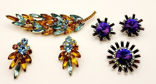 Aquamarine & Amber Rhinestones Brooch Pin & Earrings & Blue Rhinestone Pendant &