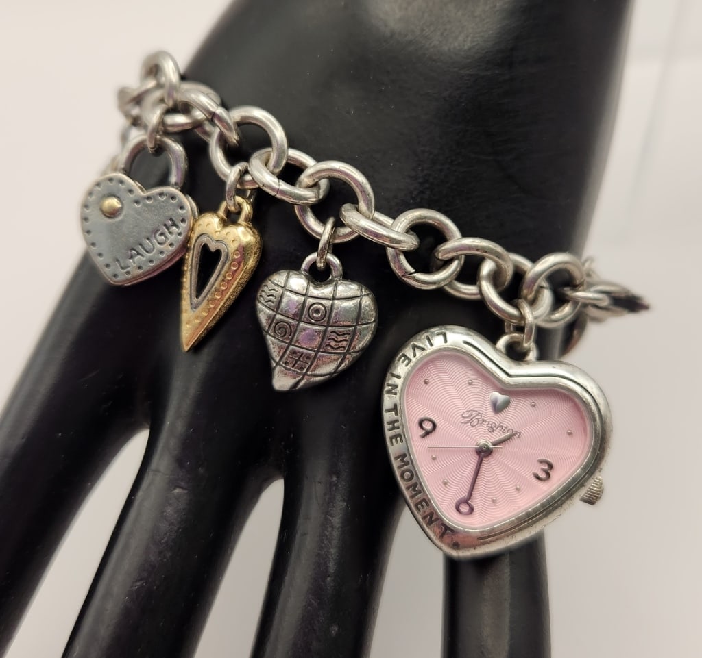 Brighton Power Of Pink Charm Bracelet Silver Tone Weighs 2.69: Weighs 2.69 ounces. Bracelet is 8". Watch not tested, no battery.