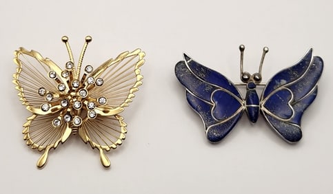 Enamel On Sterling Blue Butterfly & Monet Gold Tone Butterfly Brooches Pins