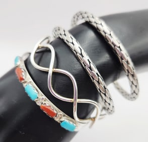 Lot of 3 Sterling Cuff Bracelets Zuni Turquoise Coral Twist Including