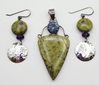 925 Sterling Atlantisite & Aqua Quartz Pendant & Earrings