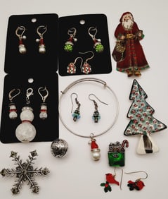 Assorted Christmas Holiday Jewelry Pins Earrings Bracelet Including Judith Jack Sterling & Enamel