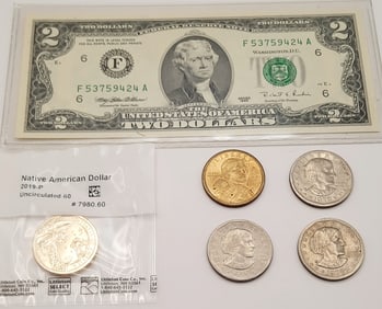 1995 $2 Bill Uncirculated 2019-P Sacagawea Dollar 1979 Susan B Anthony Dollar Coins