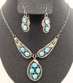 Sterling Turquoise Necklace & Earrings Set Marked J Necklace is 18" Lot weighs 28.3 grams