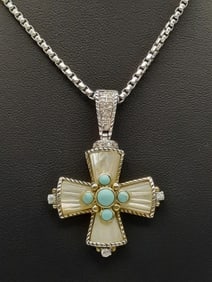 Judith Ripka 925 Sterling Turquoise Mother-Of-Pearl Cross Pendant