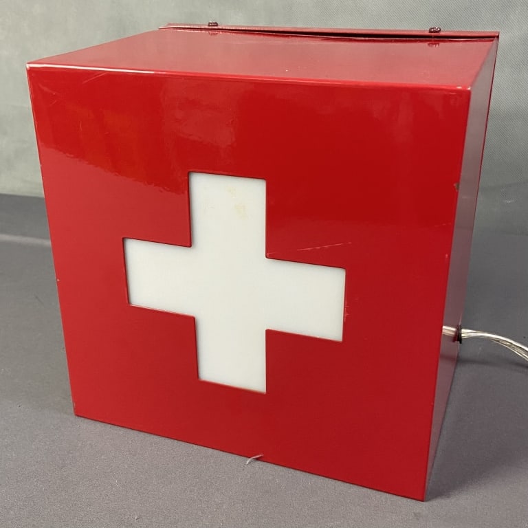 Red Cross Cube Nightlight Red cube light with white cross in the front. Works, light is more: Red cube light with white cross in the front. Works, light is more nightlight than lamp light. Marked on the back Accent Light, Red Cross. Cube is 8 X 8 X 8.