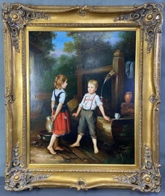 Children at the Well Reproduction Oil Painting 20th century reproduction of the Johann Georg Meyer