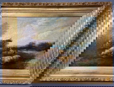 18th C. Pastoral Oil Painting Sheep & Cows Antique pastoral oil painting of cows and sheep from the