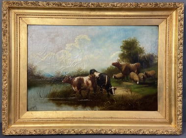 Pastoral 18th C. Oil Painting Sheep & Cows Antique painting of cows and sheep beside a river. Signed