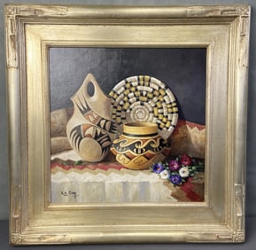 RA Day Oil Painting Hopi Jewels Still life oil painting of two Hopi Pots, a woven mat, and bunch of