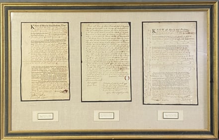 18th C. Deeds Framed Set of Three Three deeds from the 1700's, framed and labeled together in one