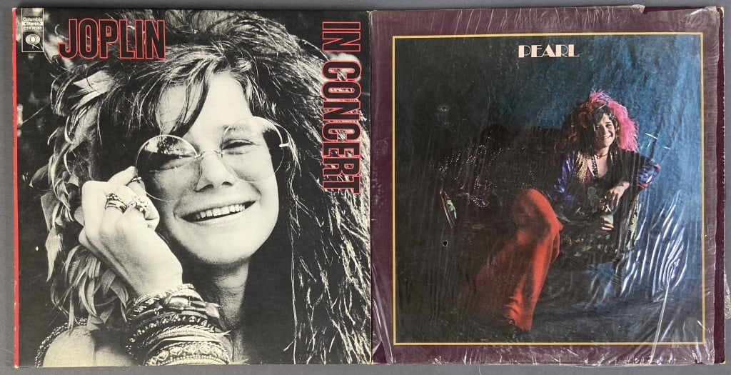 Janis Joplin Vinyl Records Set of Two Pearl, Columbia Records KC: Pearl, Columbia Records KC 30322. Joplin in Concert, Columbia Records C2X 31160, gatefold, 2 record album. Both include paper sleeves, vinyl sold untested.
