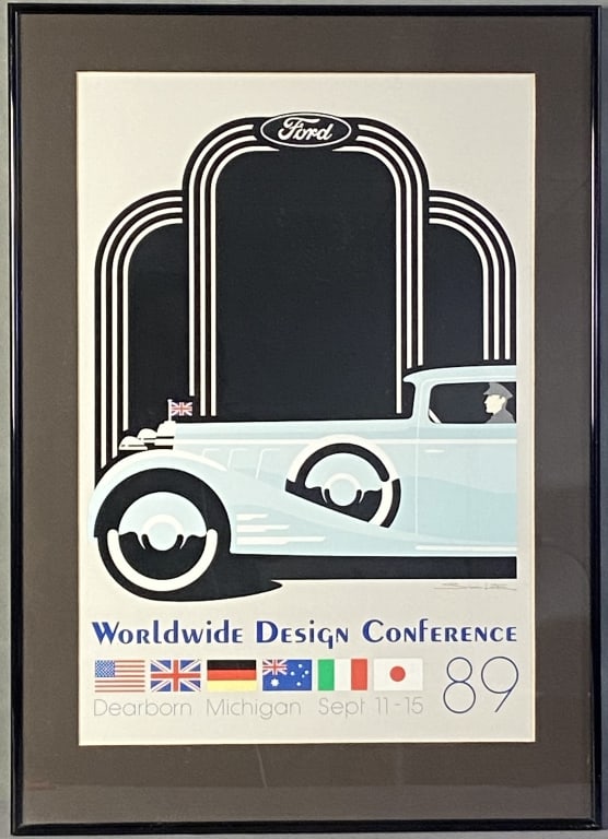 Ford Worldwide Design Conference Poster Poster designed by Simon Luton from the World Design: Poster designed by Simon Luton from the World Design Conference held in Dearborn Michigan September 11-15, 1989. Poster with mat and frame is 20 X 28 inches in size.