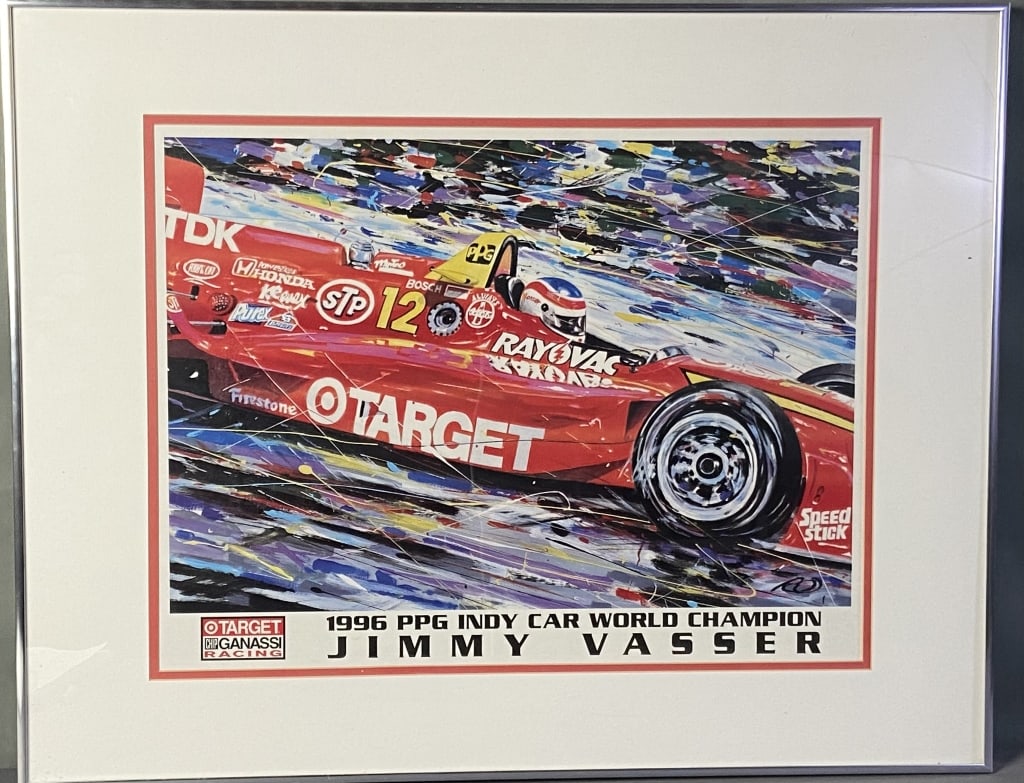 Target Jimmy Vasser 1996 Poster in Frame Poster for 1996 PPG Indy Car World Champion, Jimmy Vasser: Poster for 1996 PPG Indy Car World Champion, Jimmy Vasser of Target Ganassi Racing. Poster with mat and frame is 28 1/4 X 22 1/4 inches in size.