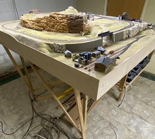 Model Train Railroad Set with Handmade Platform Model railroad set includes miniature houses,