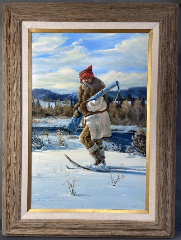 Gerry Metz Hunter Painting in Frame Oil painting of a hunter tracking through the snow, signed Gerry: Oil painting of a hunter tracking through the snow, signed Gerry Metz. Artwork with frame is 29 3/4 X 40 inches in size.