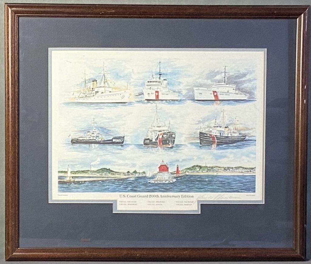 Coast Guard Ships Lithograph Signed US Coast Guard 200th Anniversary Edition lithograph by GW: US Coast Guard 200th Anniversary Edition lithograph by GW Odmark, signed in pencil by the artist. Artwork with mat and frame is 26 X 22 inches in size.